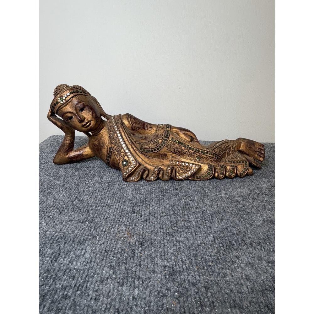 Vintage Burmese/Mandalay Style Reclining Buddha, Carved Gilt Wood, Glass Inlay,